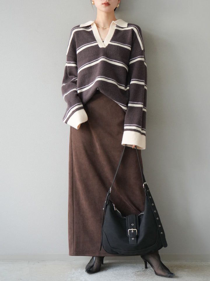 [SET]ポロ襟スキッパーボーダーニットプルオーバー+スウェードIラインスカート(2set)