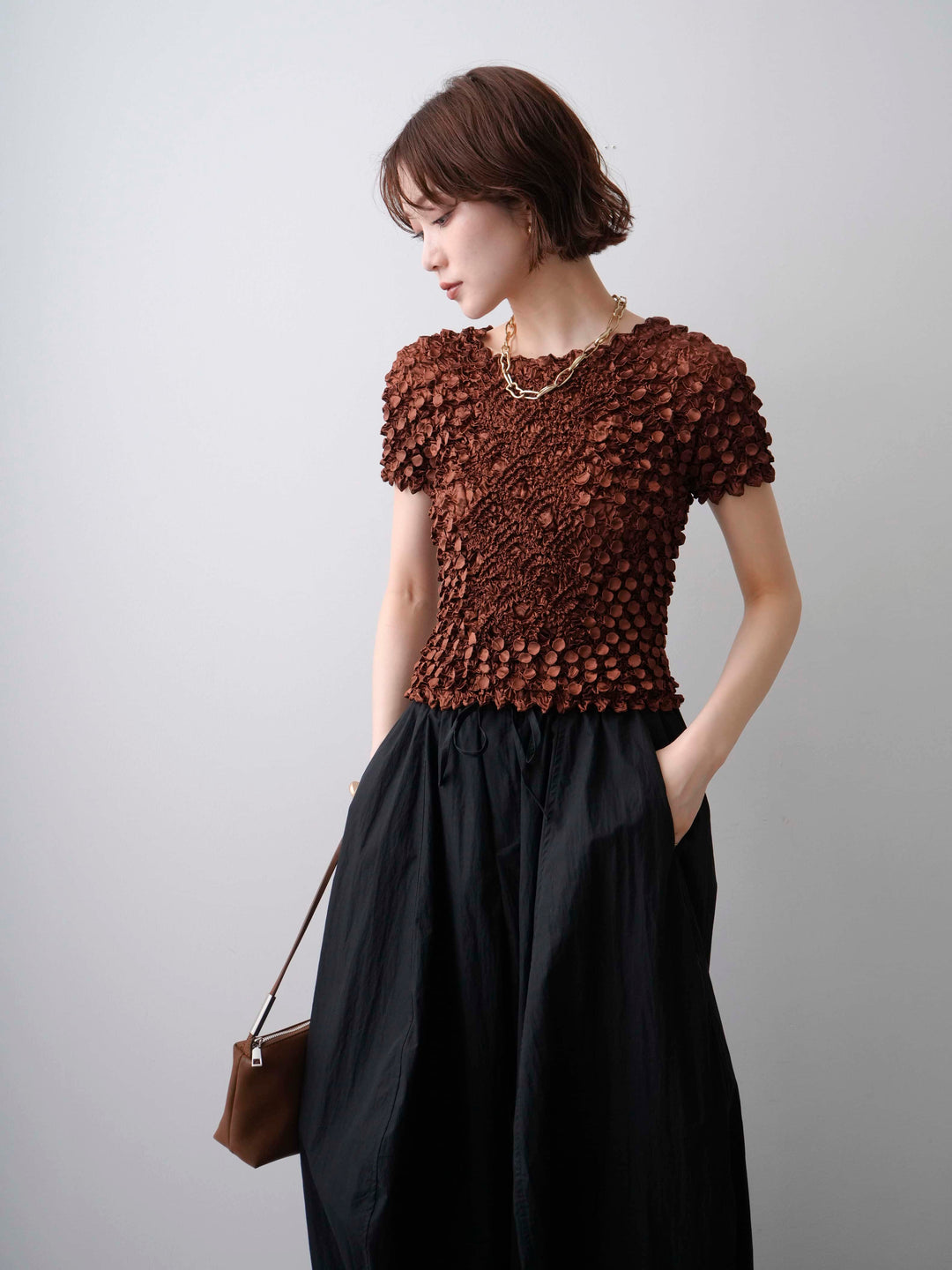[予約]ドットスモッキングフレンチトップス/brown