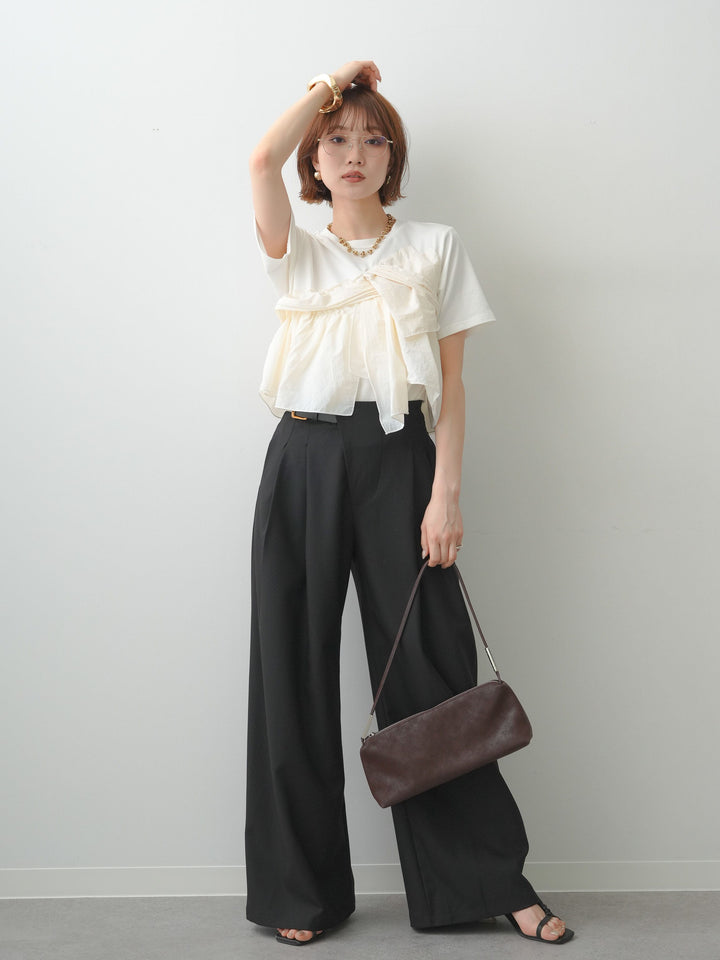 [SET]ナイロンドッキングツイストTEE +アシンメトリーベルトタックワイドパンツ(2set)