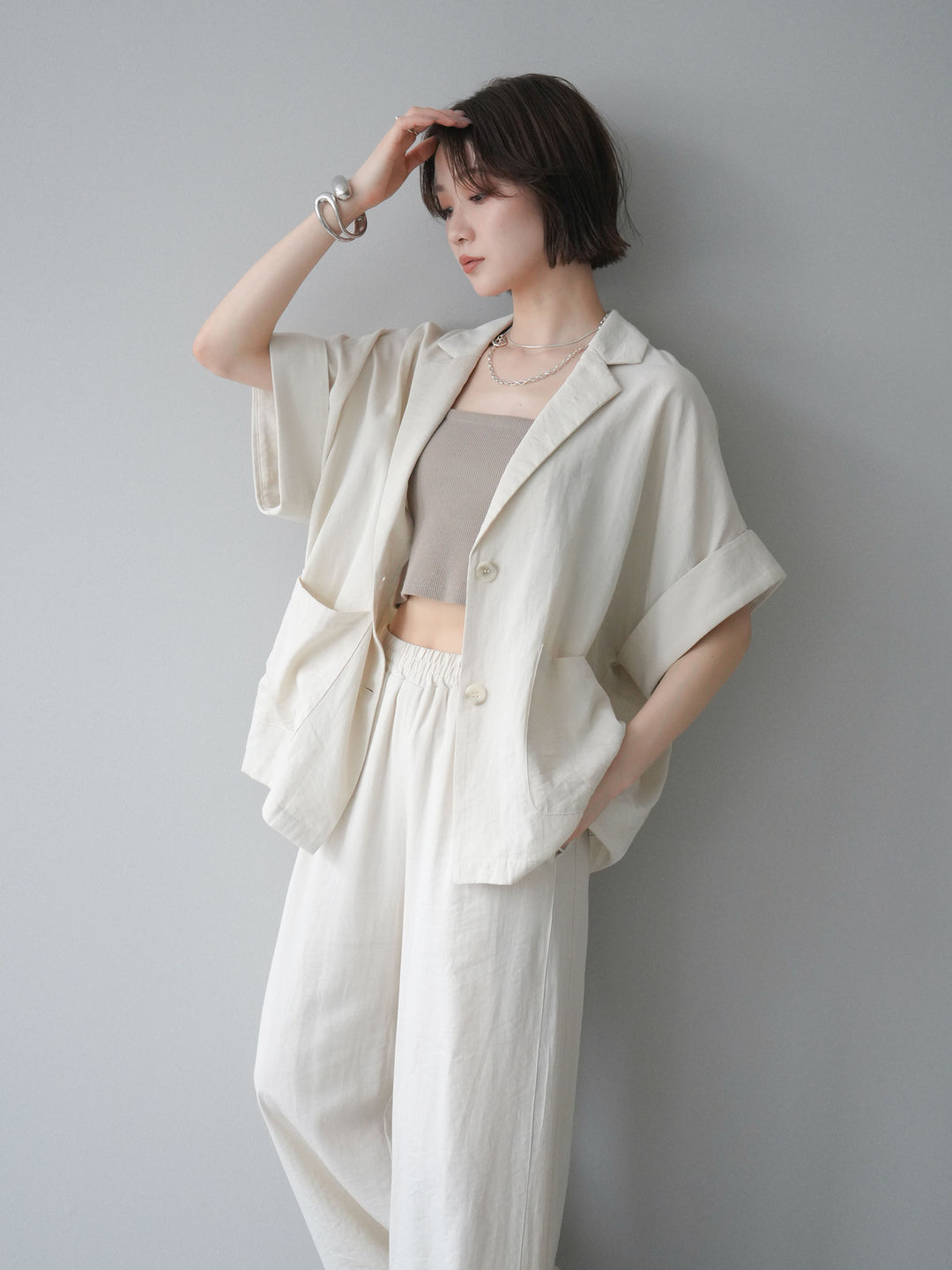 [SET]ハーフスリーブオーバージャケット+リラックスワイドパンツ(2set)