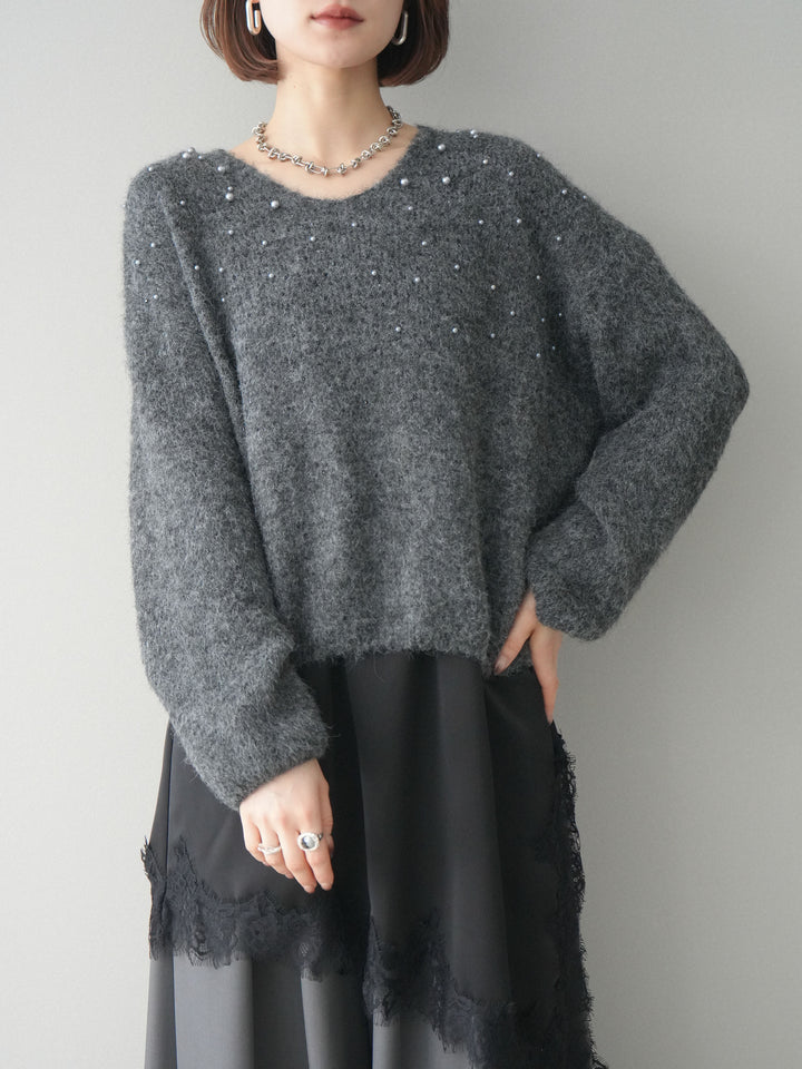 [SET]パール×ビジューVネックニットプルオーバー+アシンメトリーサテンレースキャミソール+テープベルトタックバギーパンツ(3set)