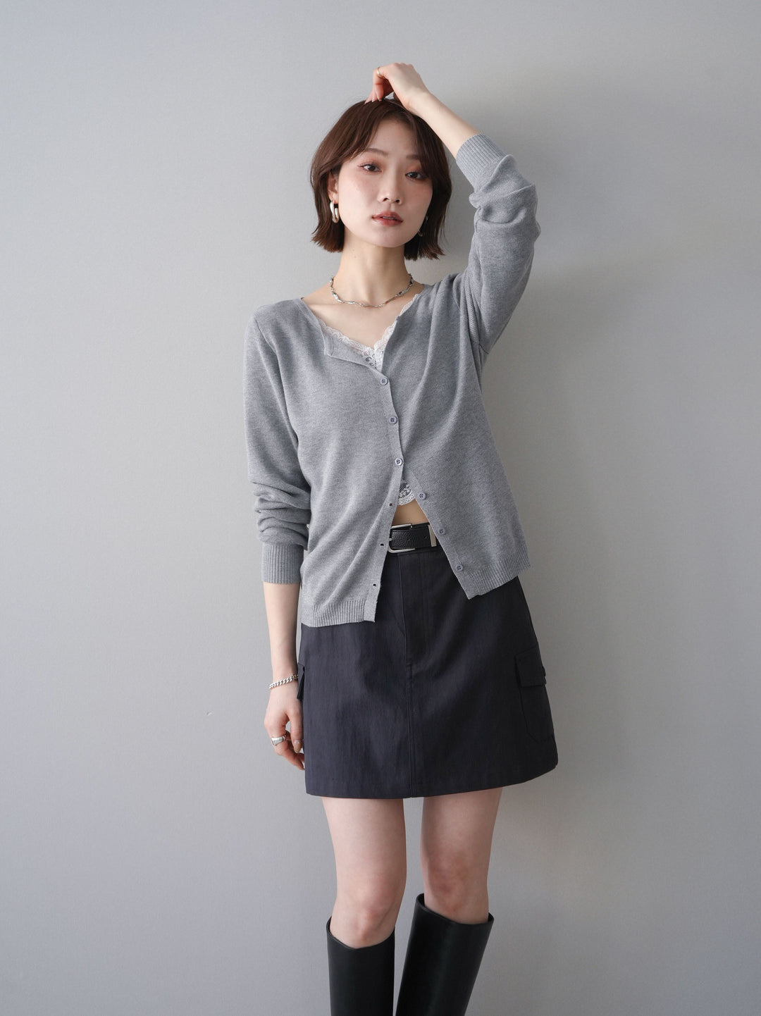 [予約]レースレイヤードニットカーディガン/gray