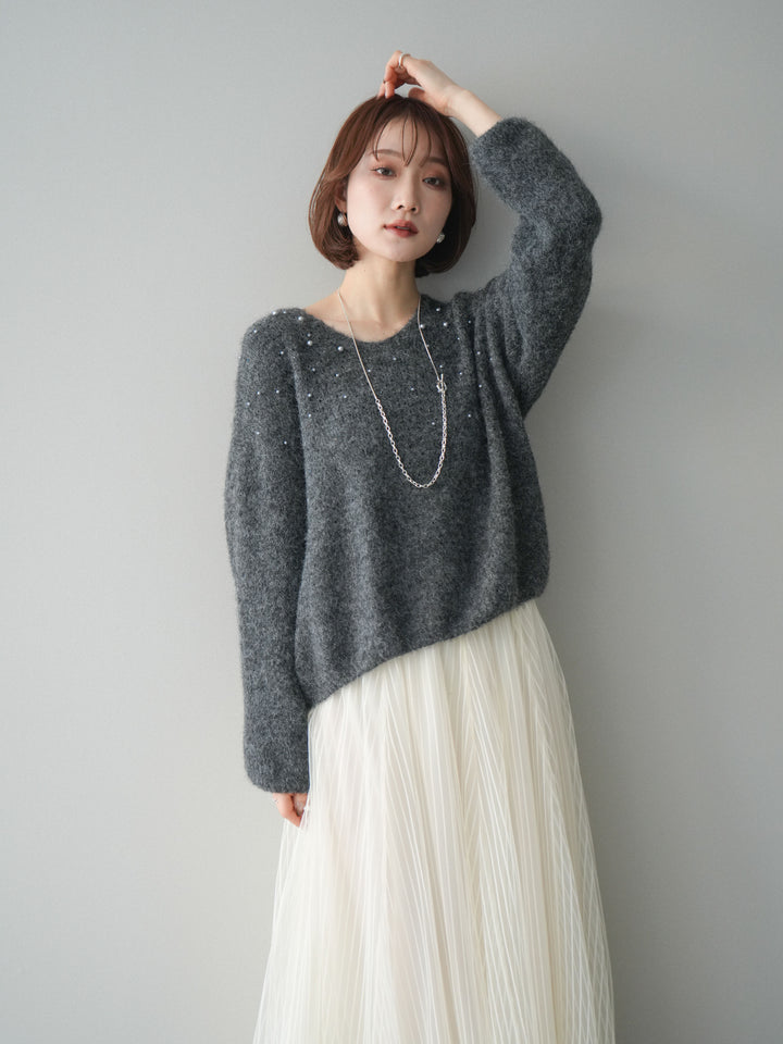 [予約]パール×ビジューVネックニットプルオーバー/gray