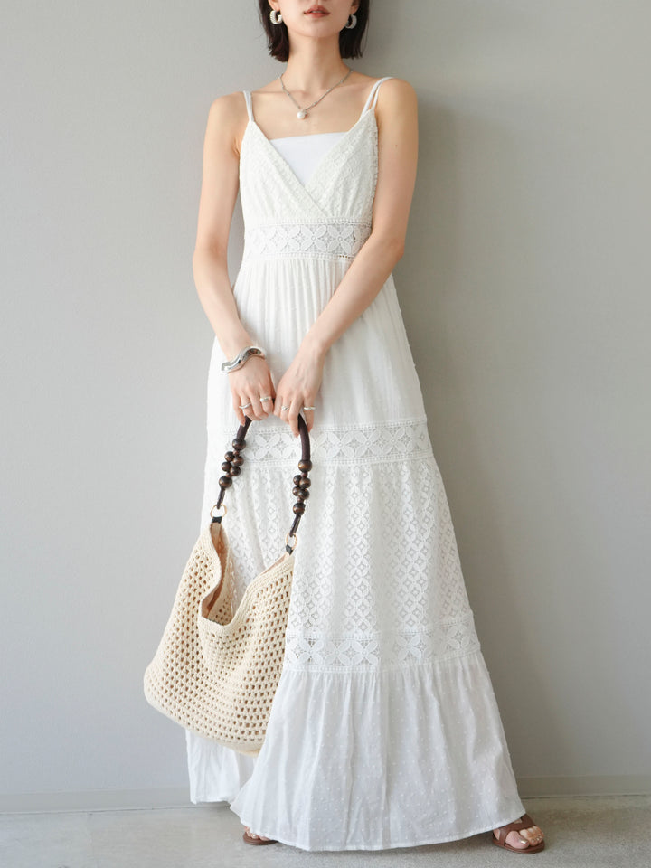 [SET] 蕾絲花邊吊帶裙+網紗羅紋罩杯吊帶背心（2件組）