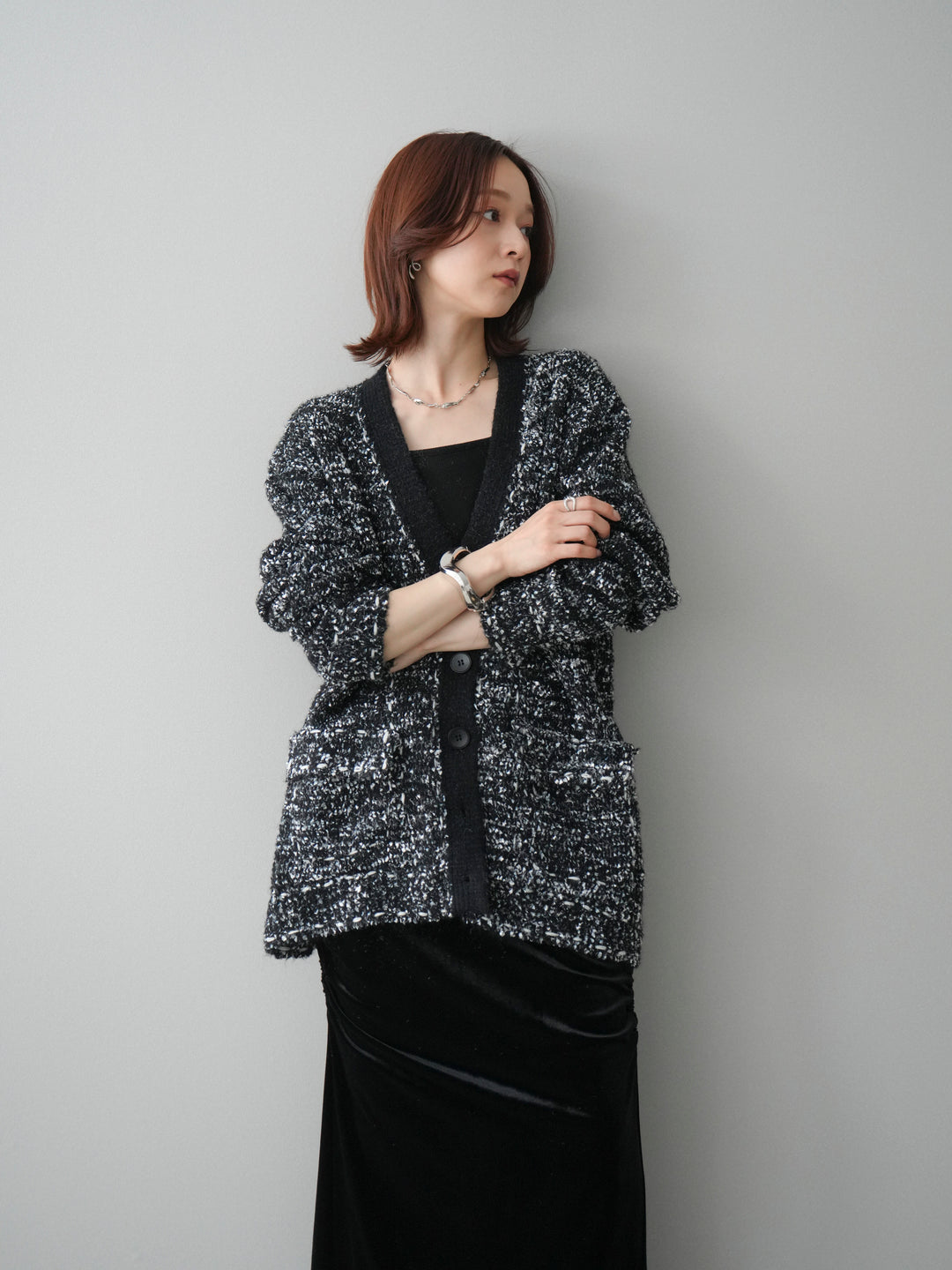 [SET]モールネップニットカーディガン+ギャザーベロアスカート(2set)