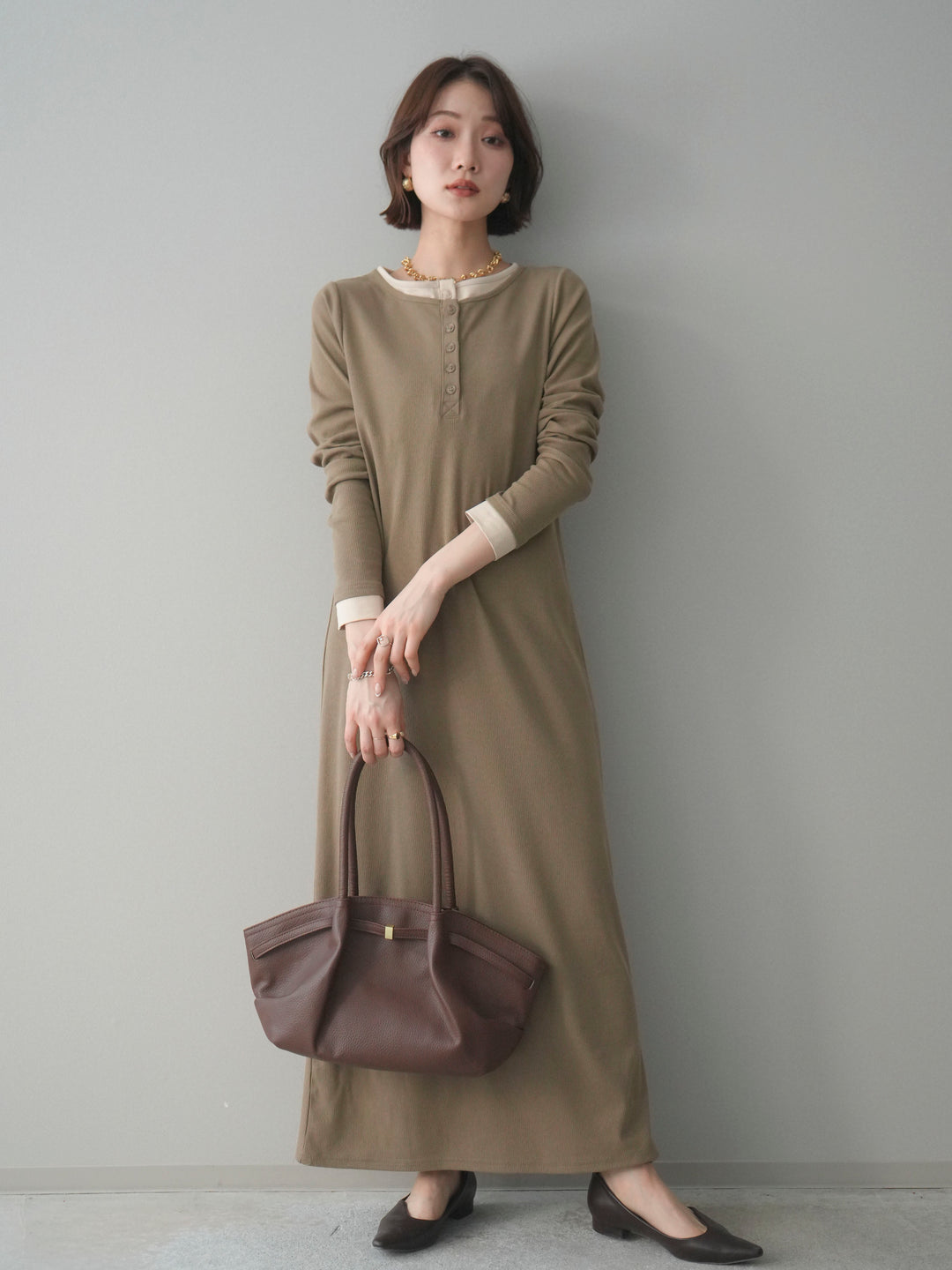 [予約]配色レイヤードヘンリーネックカットリブワンピース/mocha