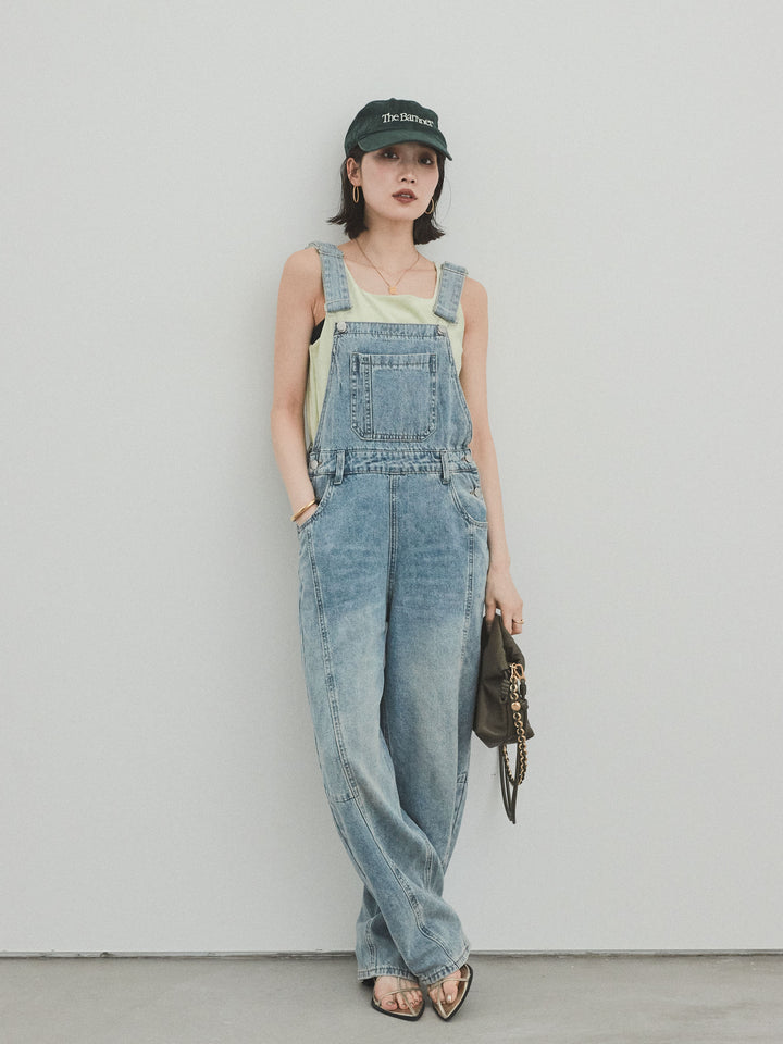 [SET]センターシームデニムサロペット +スクエアベロアタンクトップ(2set)