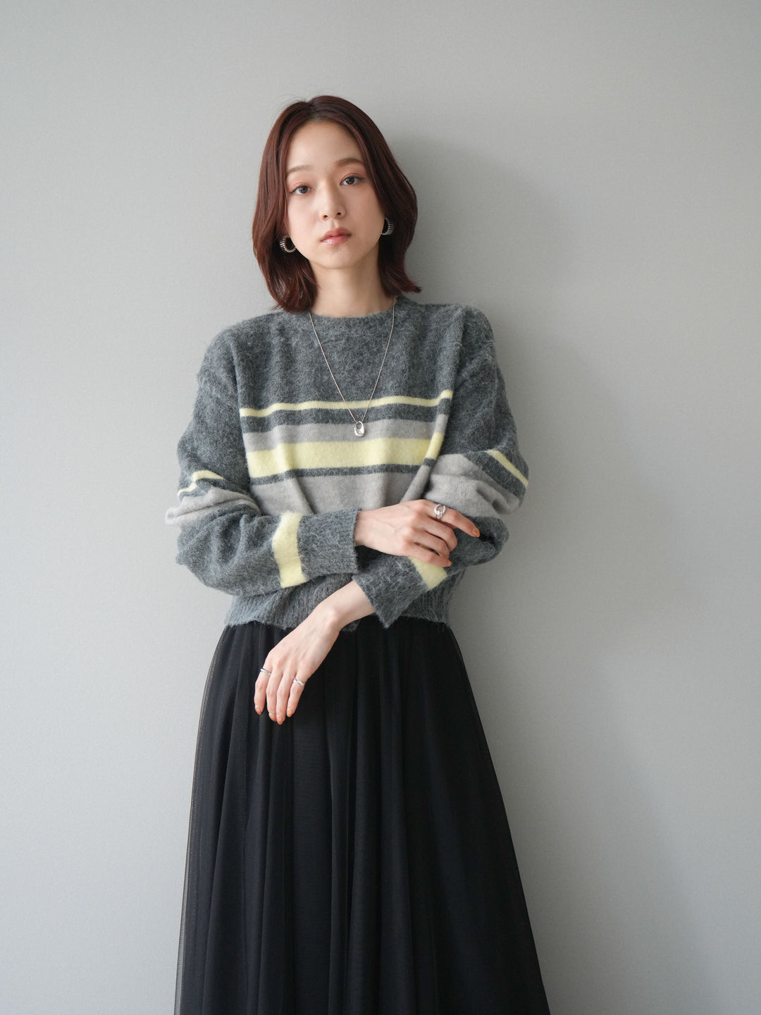 [SET]ソフトタッチボーダークロップドニットプルオーバー+チュールボリュームスカート(2set)