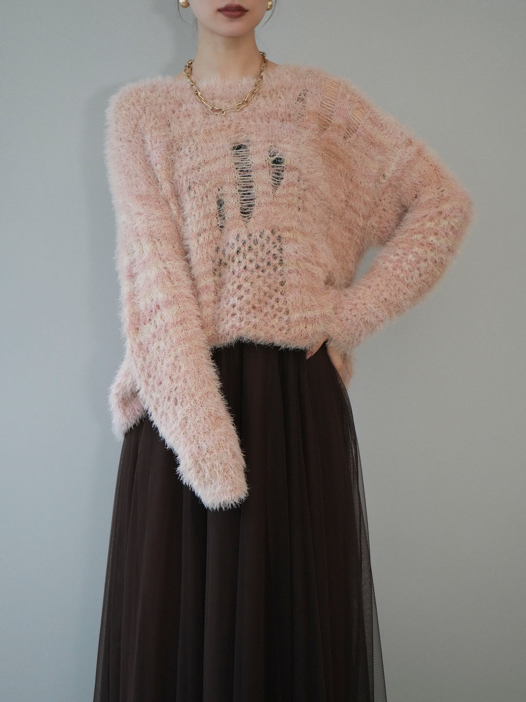 [予約]ミックスシャギールーズニットプルオーバー/pink