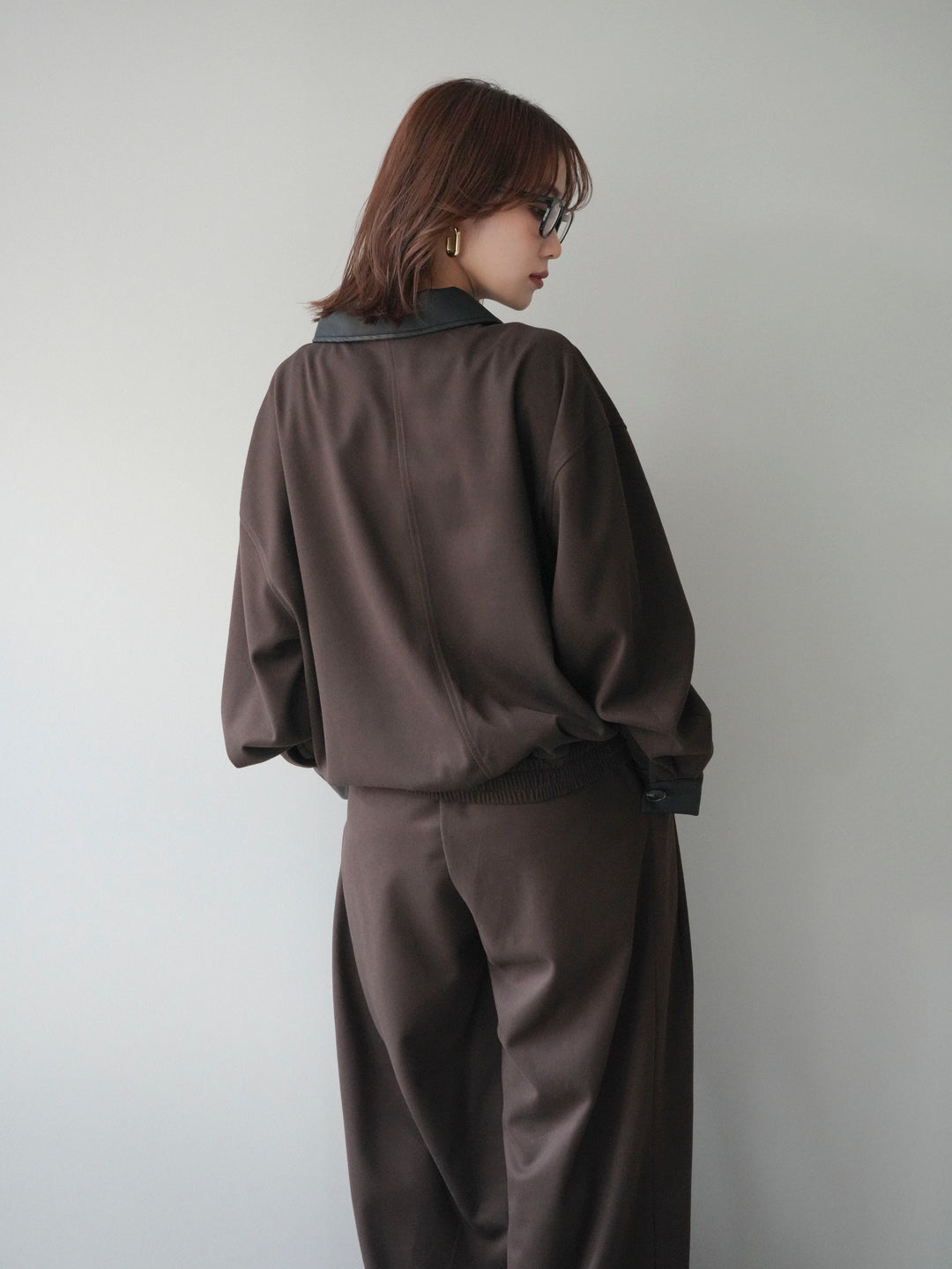 [予約]レザー襟配色パイピングブルゾン/brown