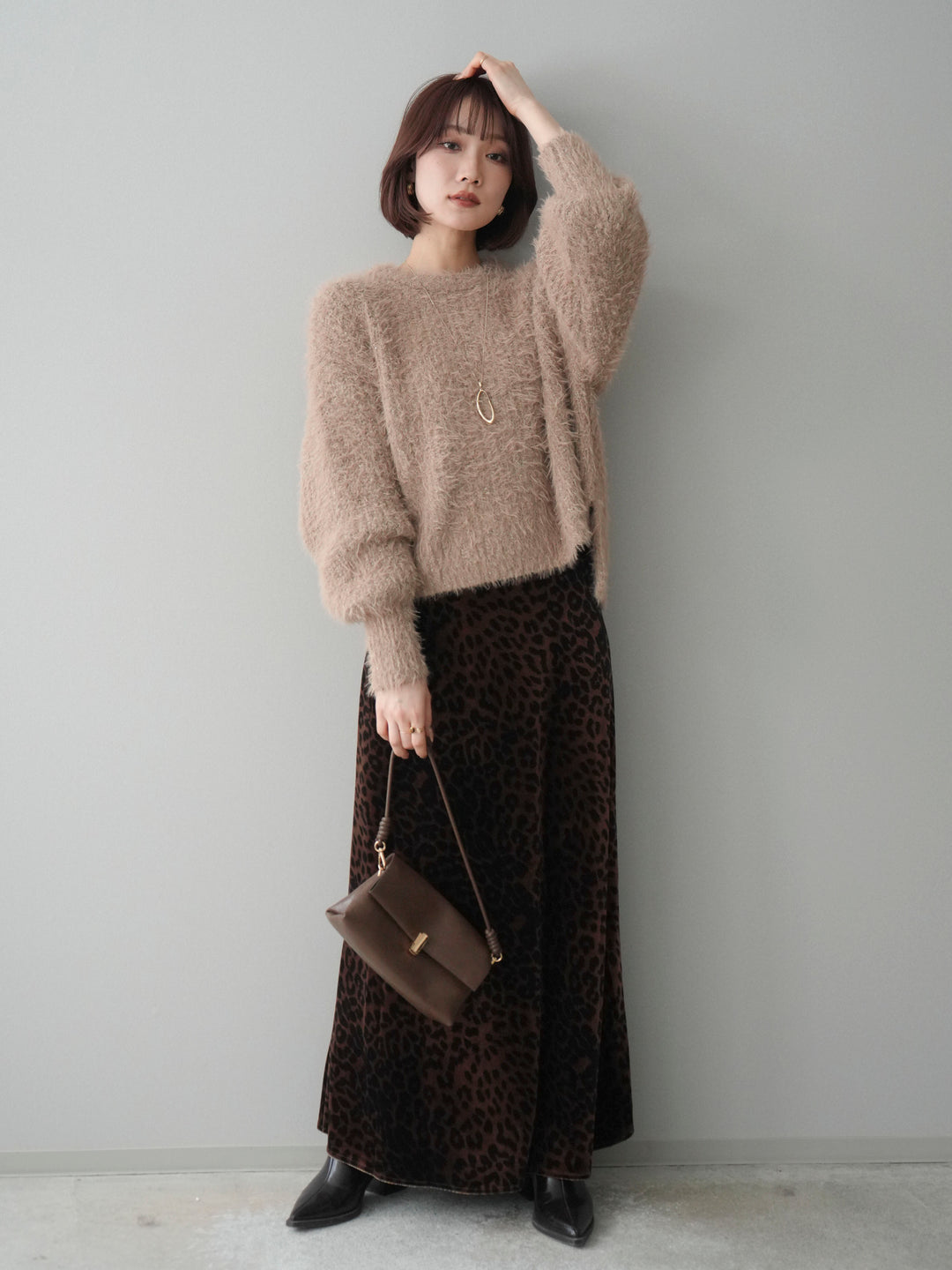 [SET]ボリュームスリーブシャギー MIXニットプルオーバー+レオパードベロアナロースカート(2set)