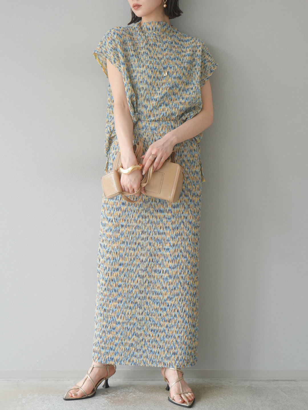 [予約]マルチカラーランダムプリーツフレンチトップス/イエロー