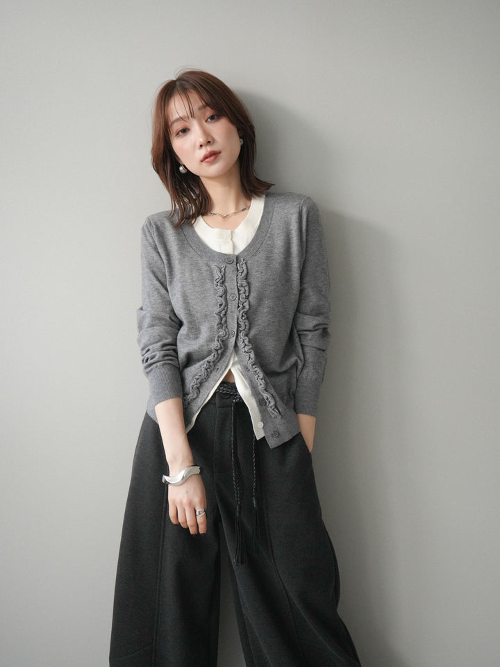 [予約]配色レイヤードフリルデザインニットカーディガン/gray