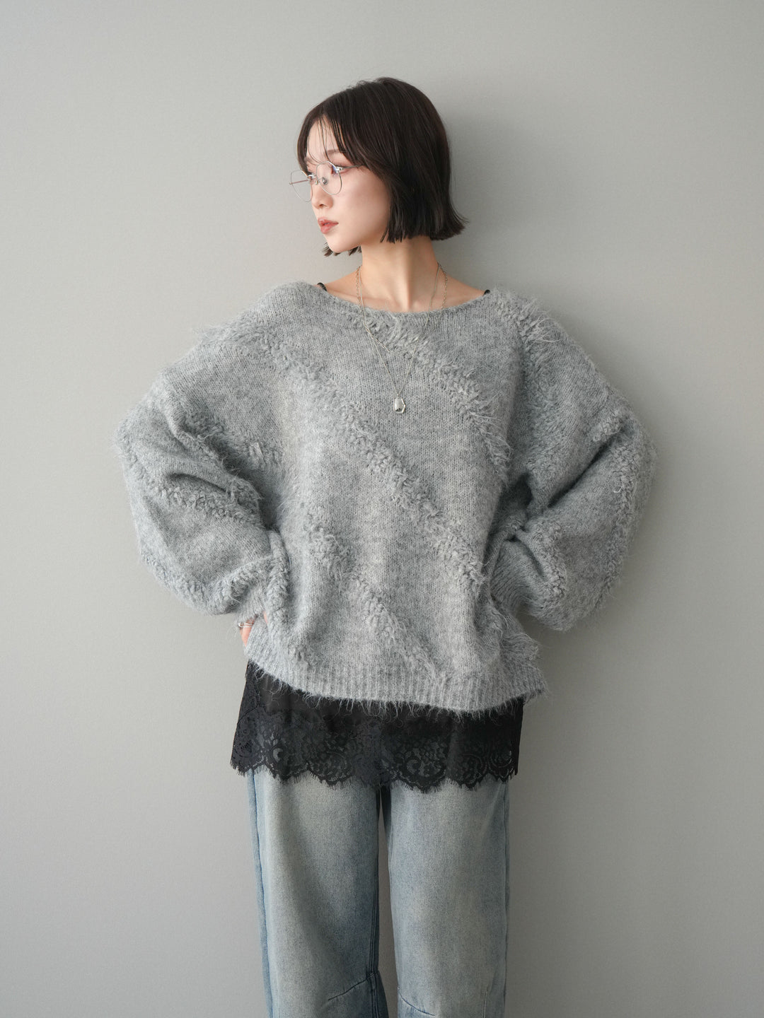 [SET]シャギーデザインニットプルオーバー+選べるアクセセット(2set)