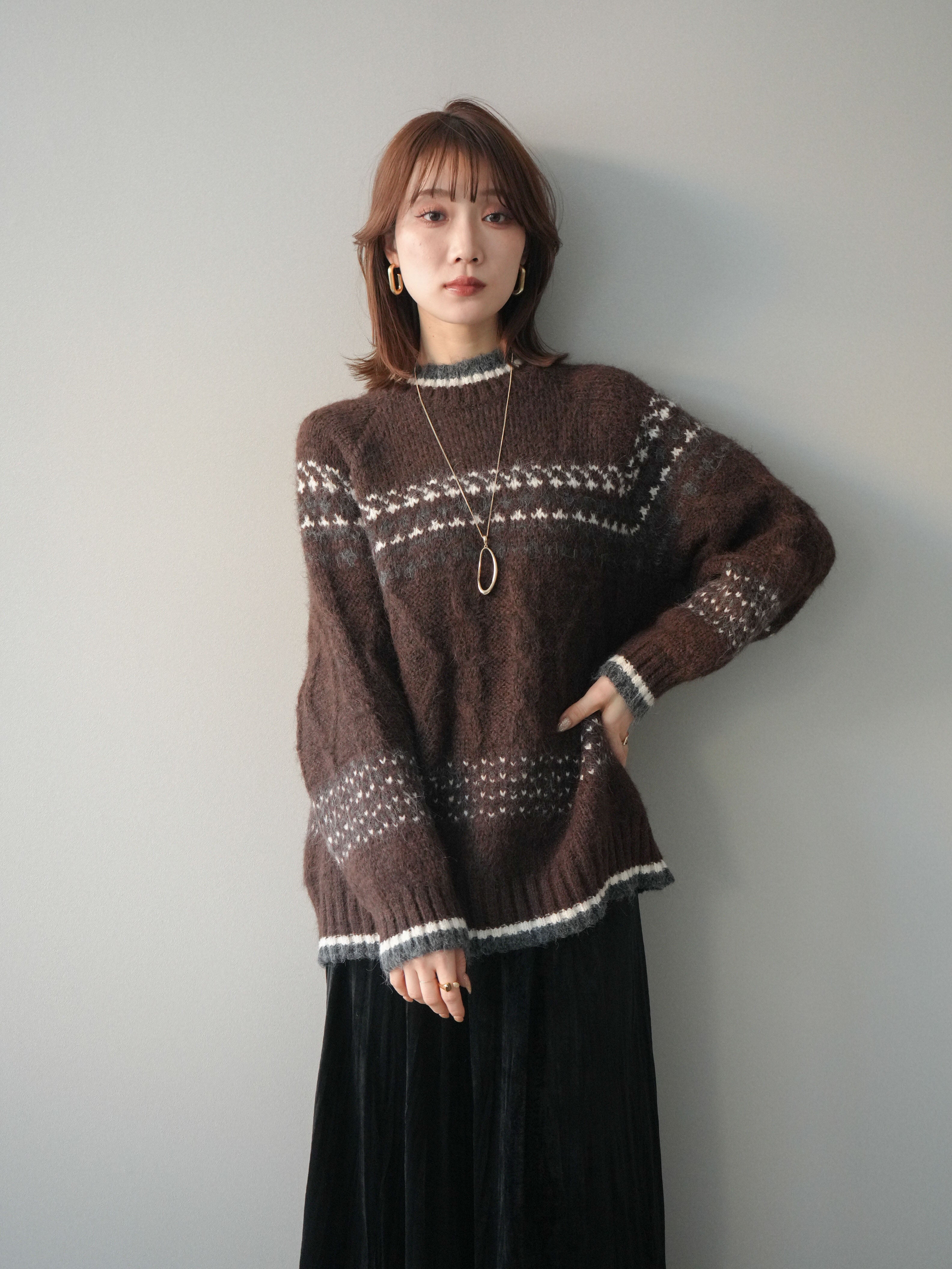 予約]裾配色ノルディック柄ニットプルオーバー/brown – Lumier
