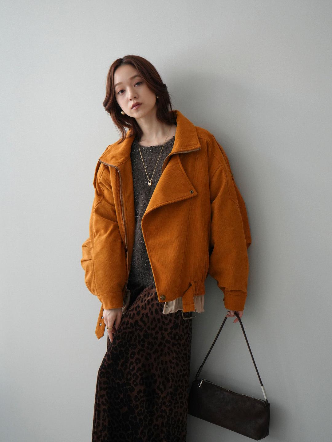 [SET]コーデュロイライダース裾レースブルゾン+レオパードベロアナロースカート(2set)