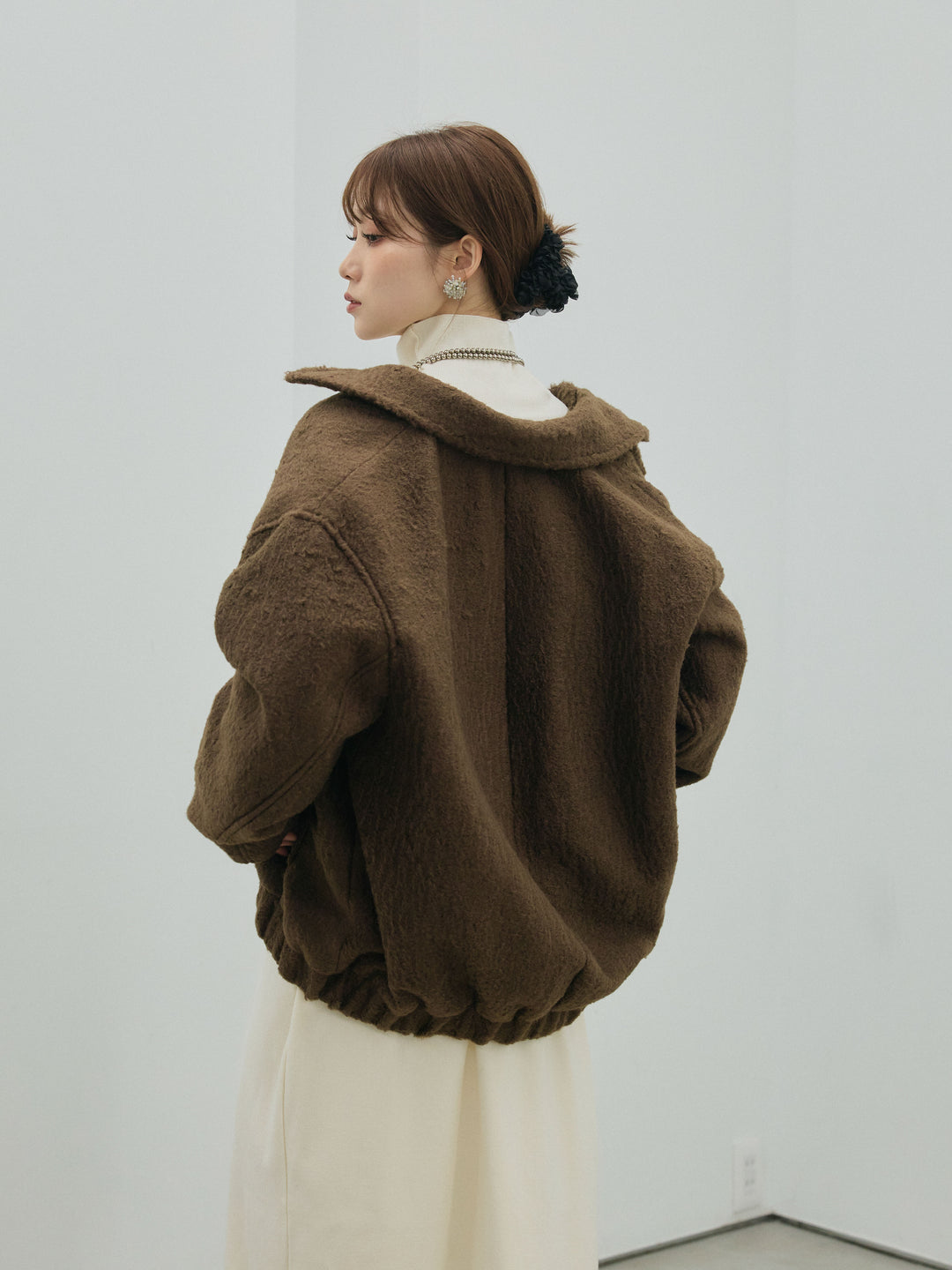 【Allure】[SET]ボトルネックルーズニットワンピース+スタンドカラーシャギーフライトジャケット(2set)