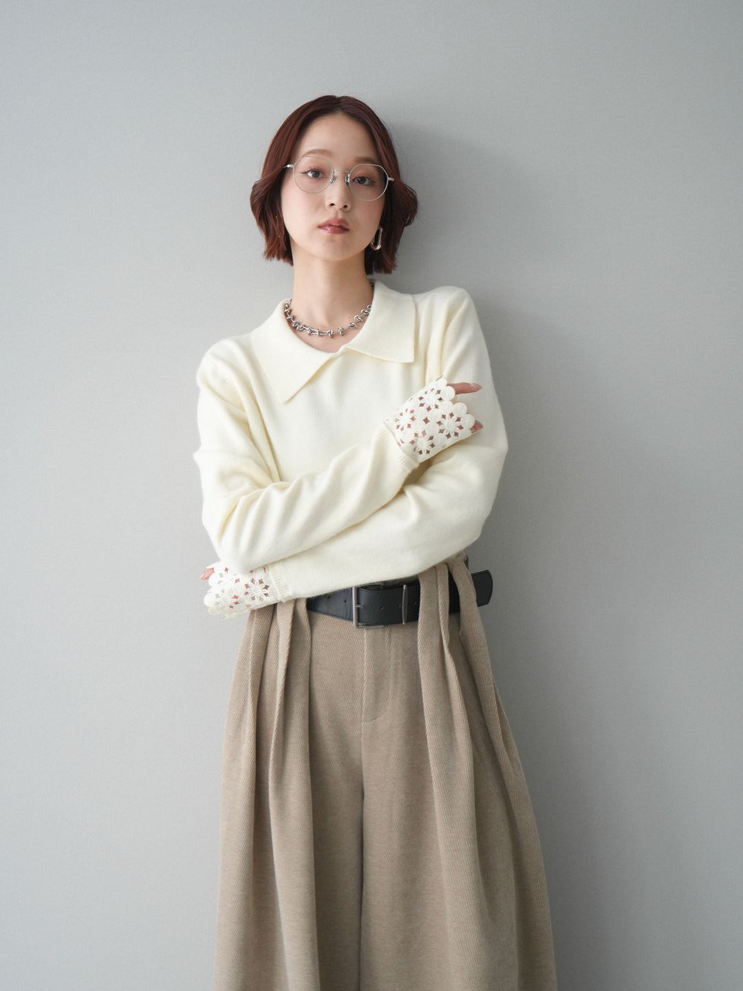 [SET]スカラップレース袖襟付きニットトップス+選べるアクセセット(2set)