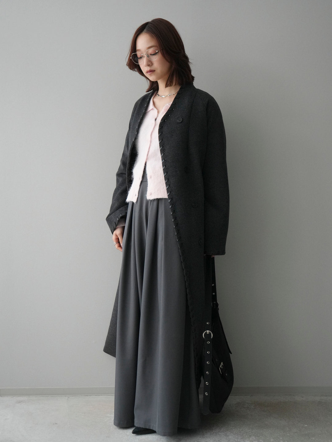 [SET]ハンドステッチ裏中綿ロングコート+テープベルトタックバギーパンツ(2set)