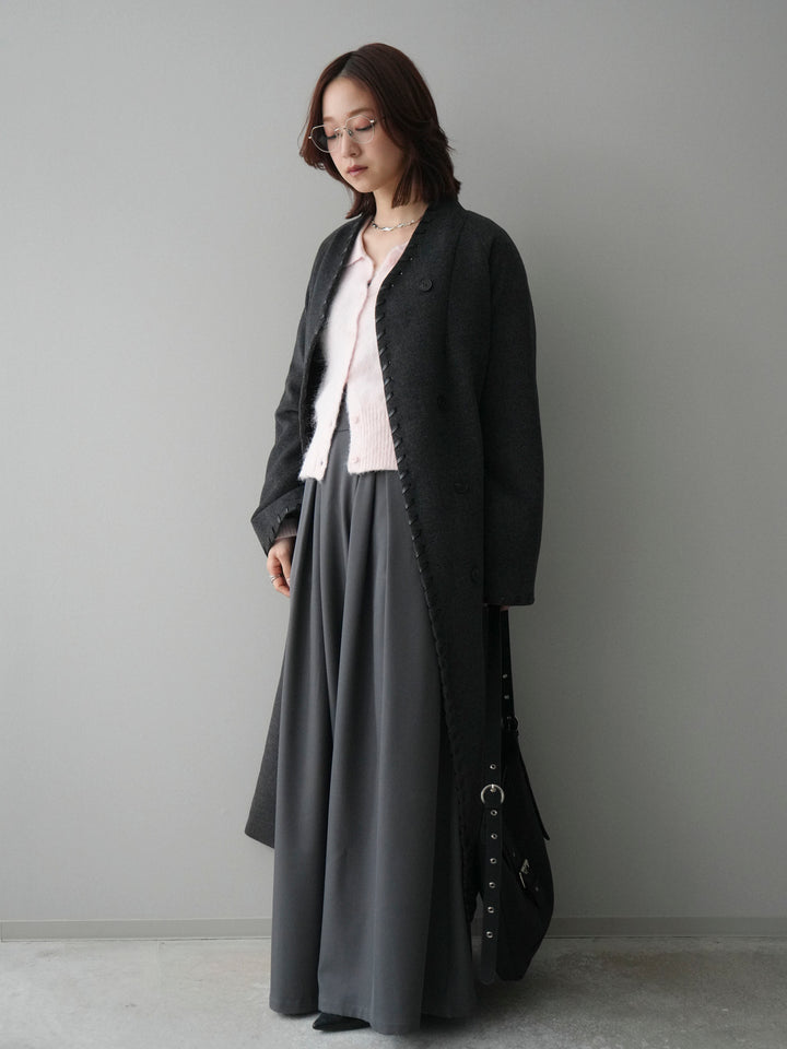 [SET]ハンドステッチ裏中綿ロングコート+テープベルトタックバギーパンツ(2set)