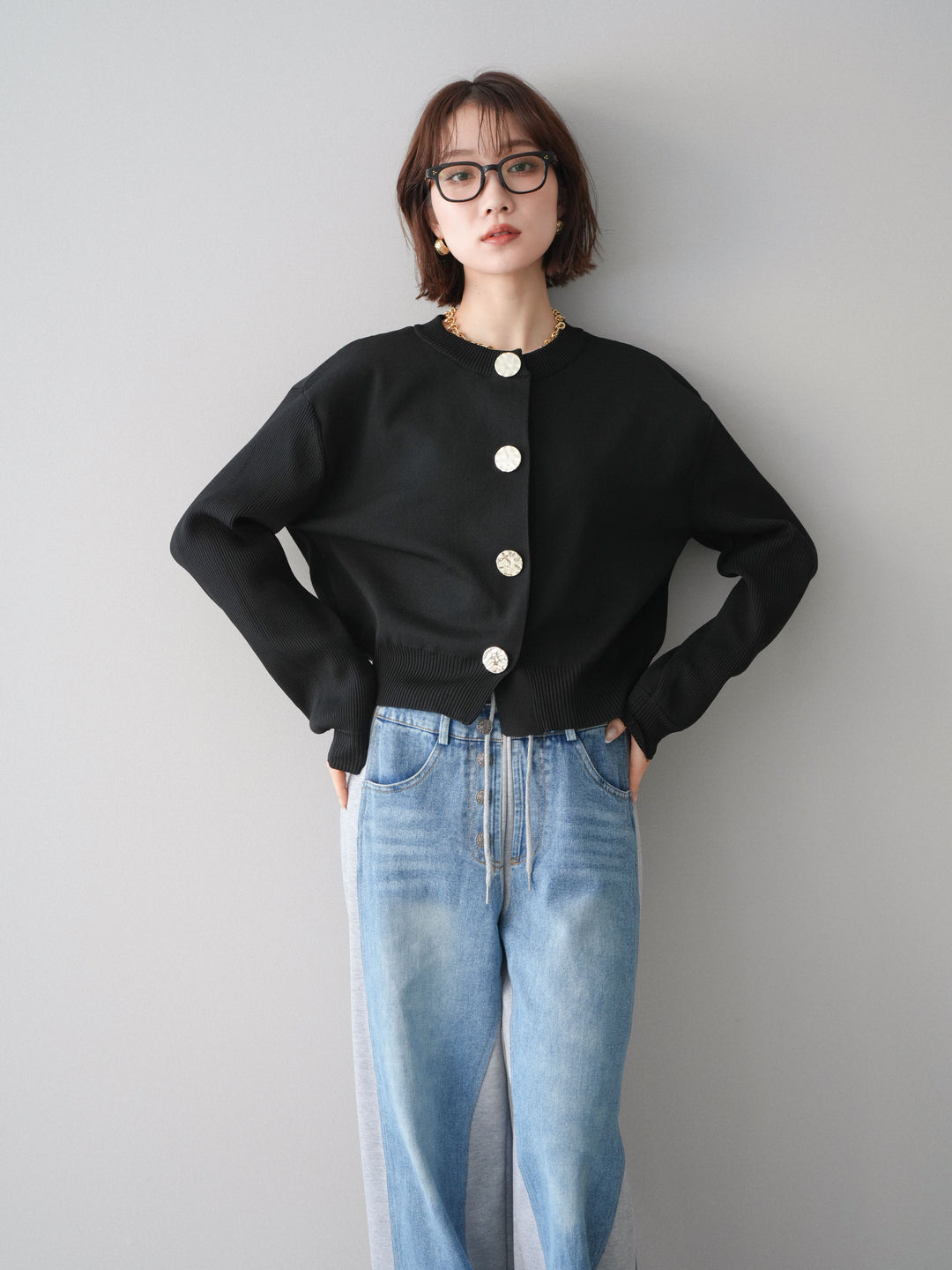 [SET]メタルボタンクルーネックニットカーディガン+選べるアクセセット(2set)