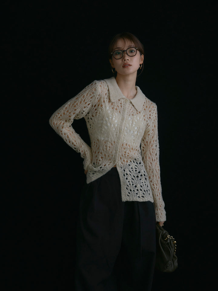 【Allure】[SET]ローゲージ透かし編みポロニッカーディガン+ラップデザインタックワイドパンツ(2set)