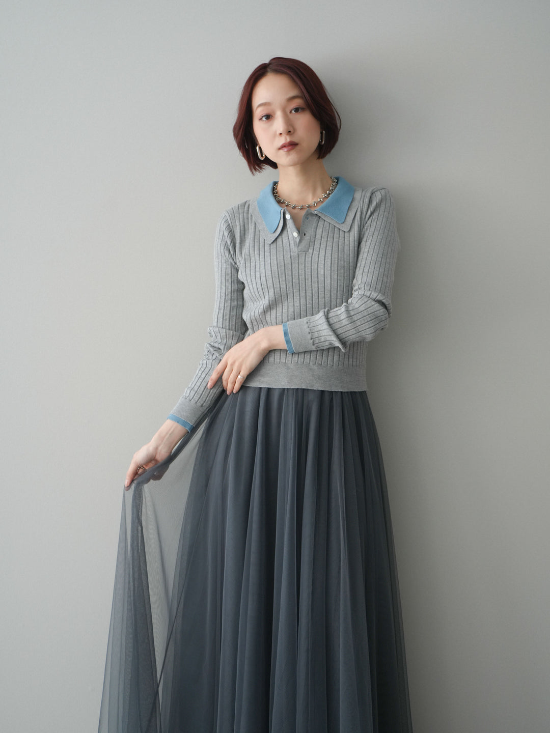 [SET]ダブル襟ポロリブニットトップス+チュールボリュームスカート(2set)