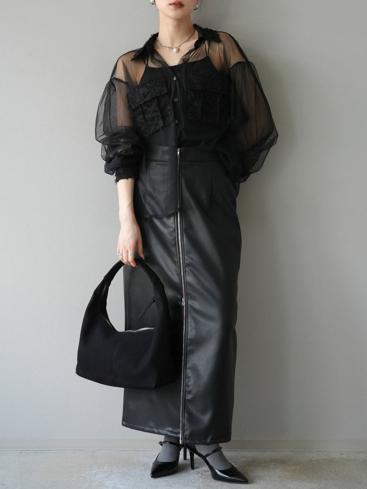 [予約]フリンジジャガード×チュールレイヤードシャツ/ブラック