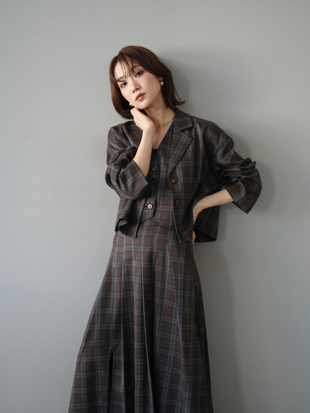 [予約]チェック柄ベスト/ブラウン