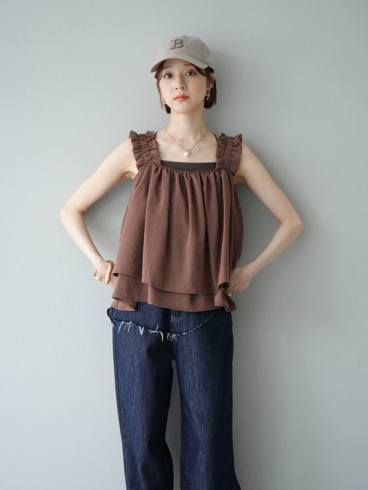 [SET] 縮肩喇叭背心 + 臀部設計牛仔褲 (2 件套)