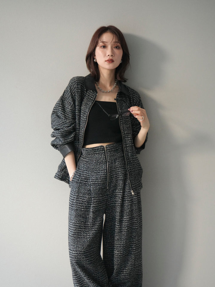 [予約]レザー襟ミックスツイードジャケット/black