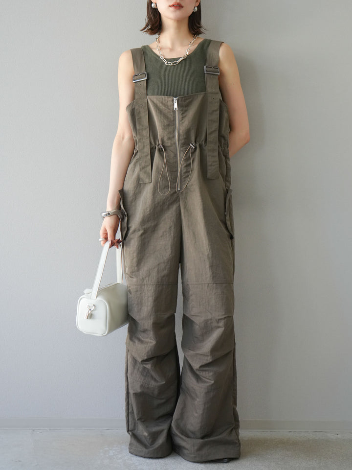 [予約]ナイロンタックデザインサロペット/カーキ