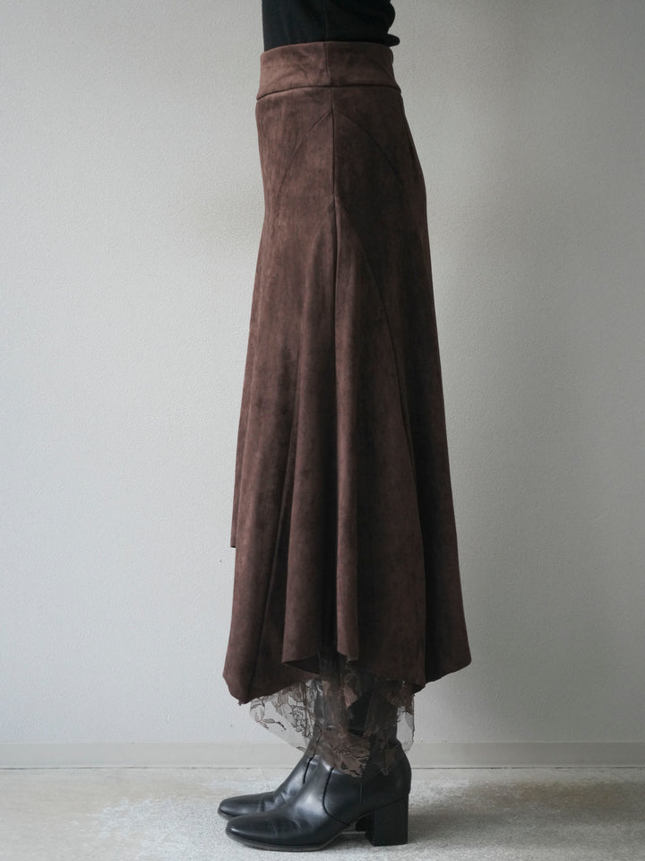 [予約]スエード裾レースアシンメトリースカート/brown