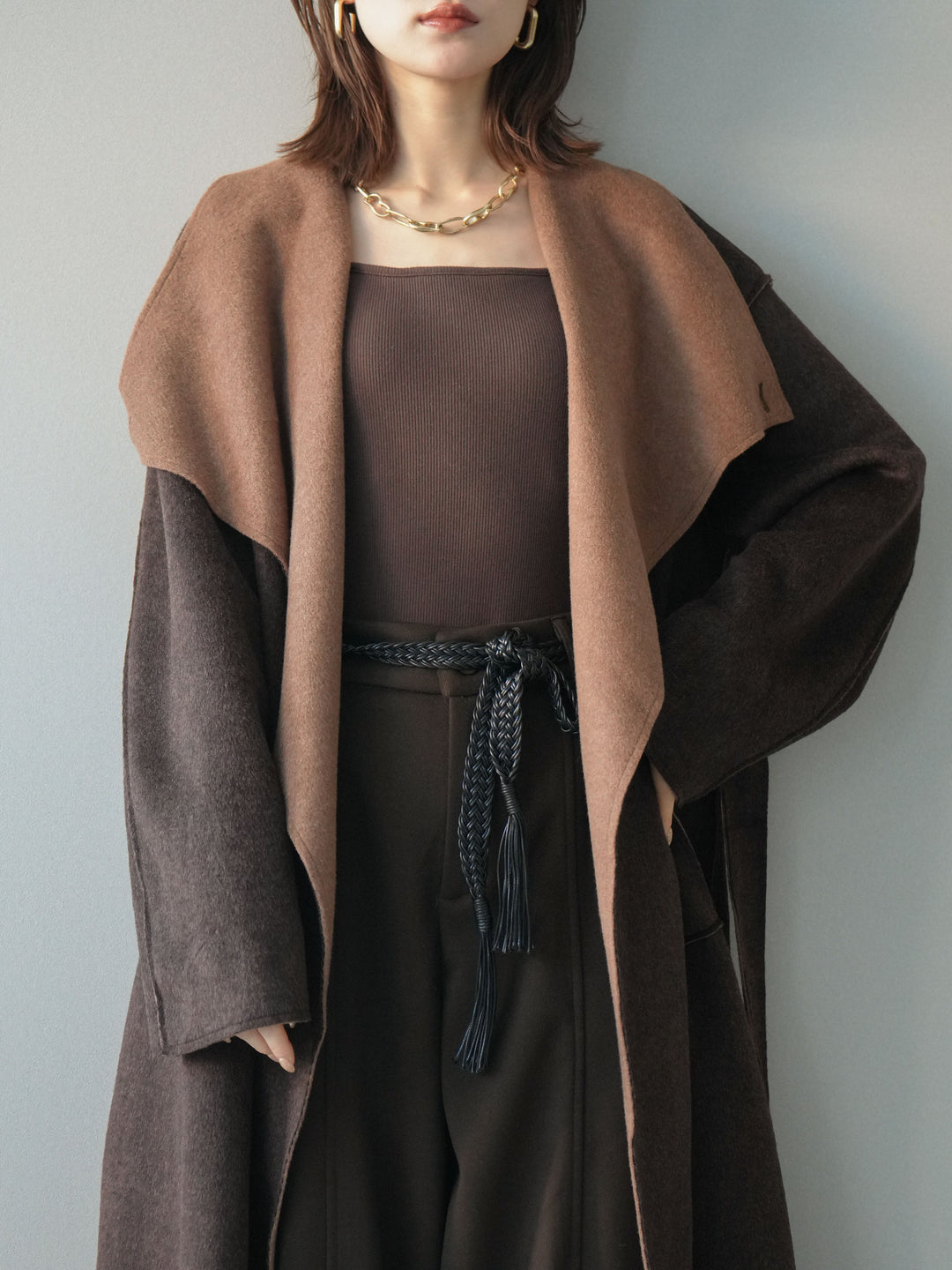 [予約]ダブルフェイスバイカラーロングコート/brown