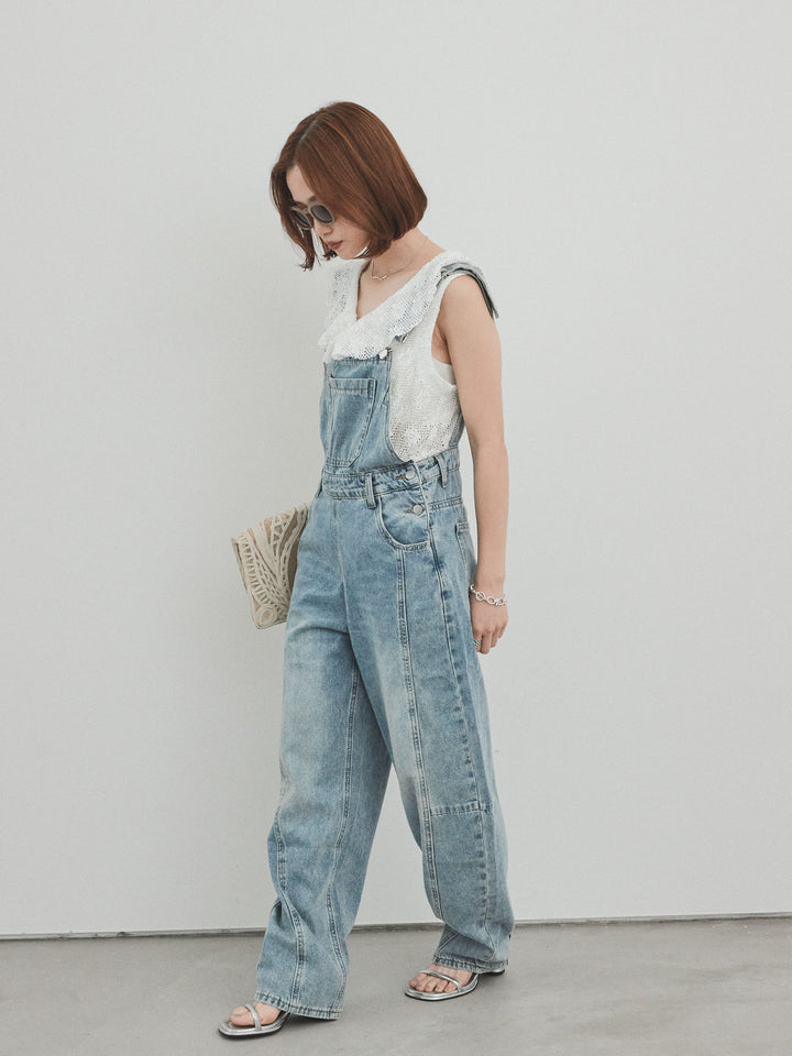 [SET]センターシームデニムサロペット +テープヤーンラッフルノースリトップス(2set)