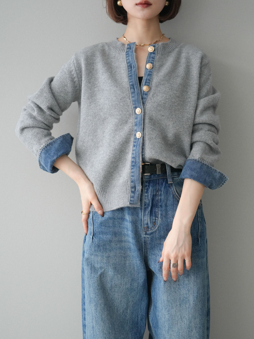 [SET]クルーネックデニムドッキングニットカーディガン+選べるアクセセット(2set)