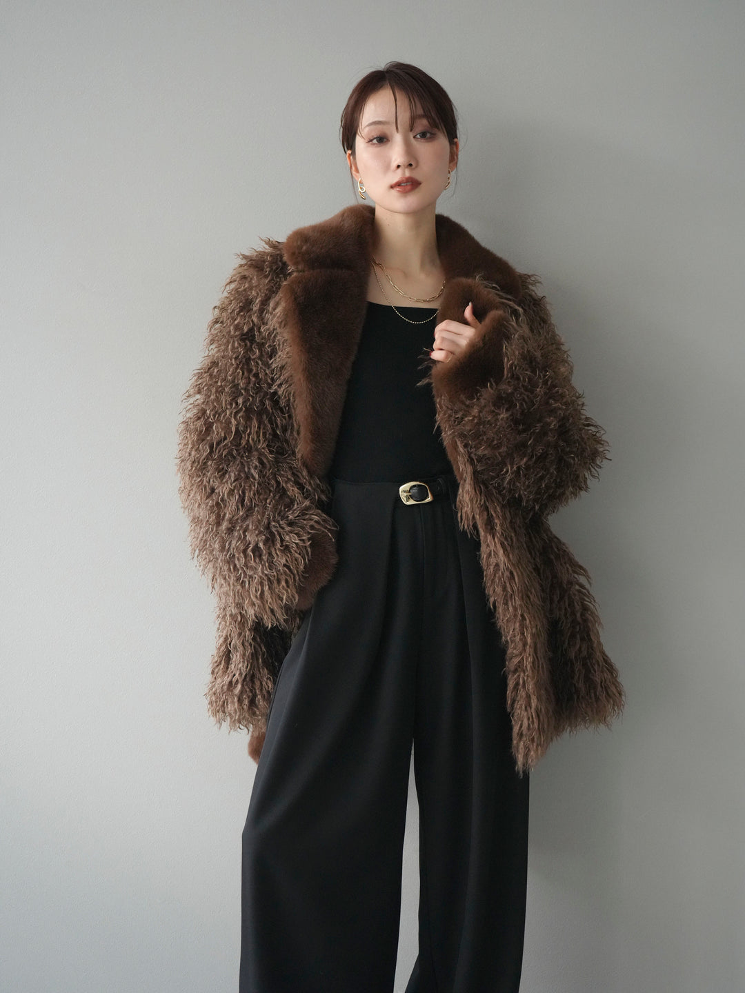 [予約]異素材ファー×ムートンコート/brown