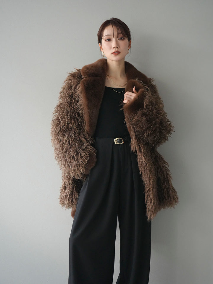 [予約]異素材ファー×ムートンコート/brown