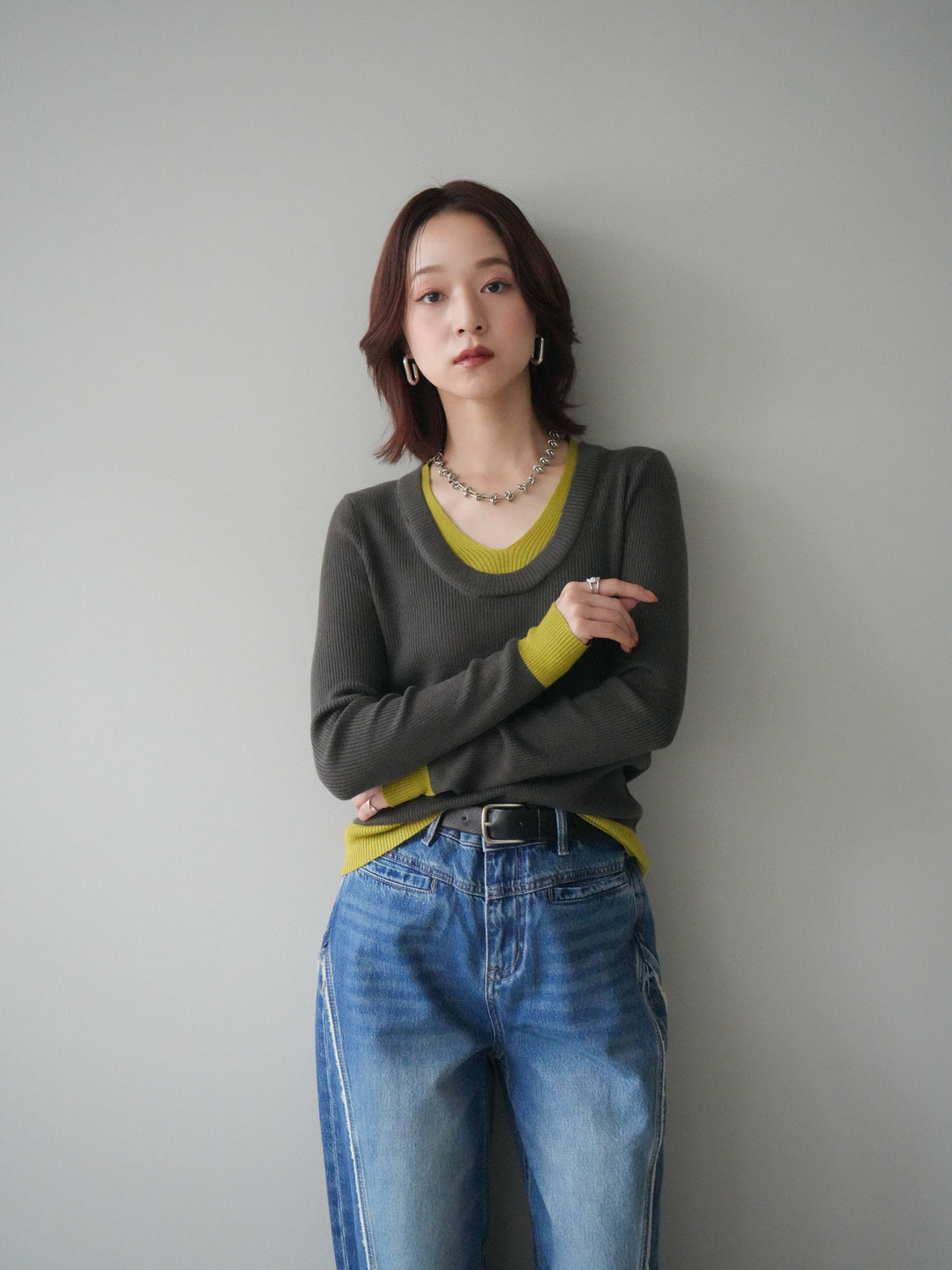 [SET]Uネック配色レイヤードリブニットトップス+サイドフリンジワイドデニムパンツ(2set)