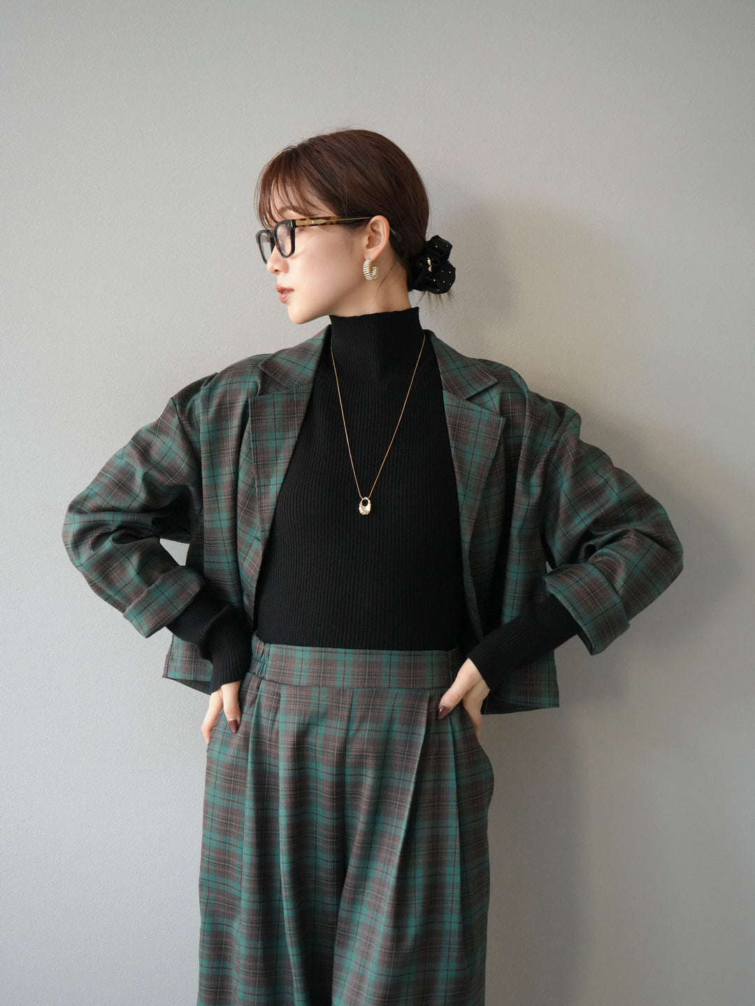 [予約]チェック柄ショートジャケット/グリーン