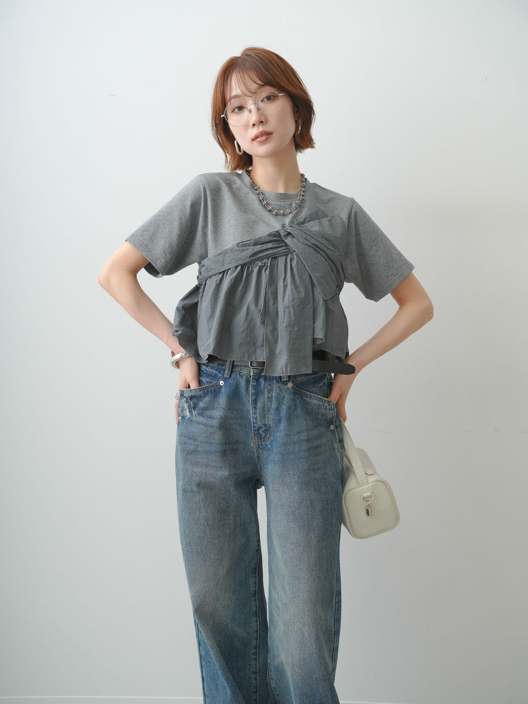 【着回しセット】[SET]ナイロンドッキングツイストTEE +クレープデシンフラップ付きストレートスカート+ストーンウォッシュルーズフィットデニム(3set)