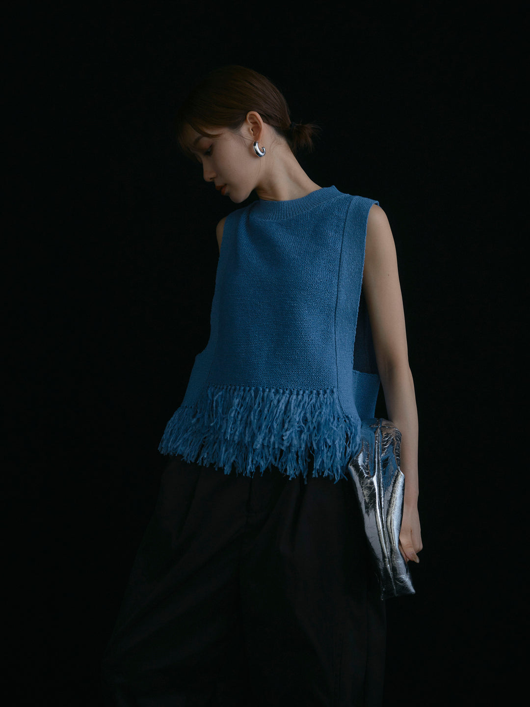 【Allure】[SET]フェザーヤーンニットベスト+タフタワイドカーブパンツ(2set)