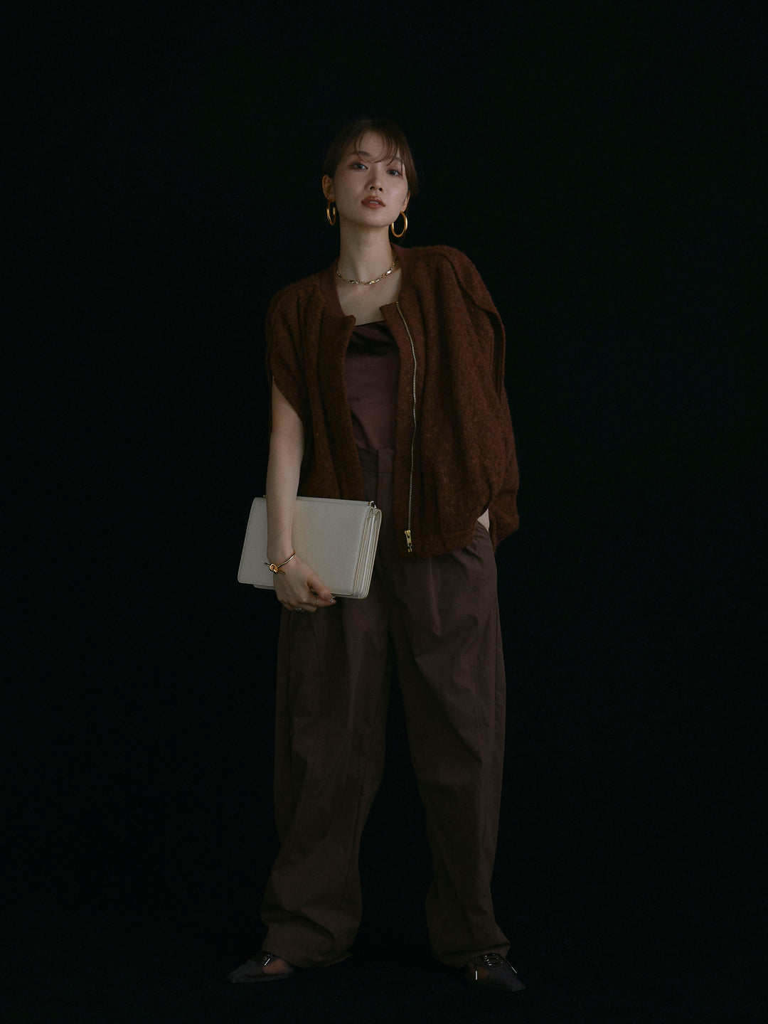 【Allure】[SET]ウール混コクーンブルゾン+タフタワイドカーブパンツ(2set)