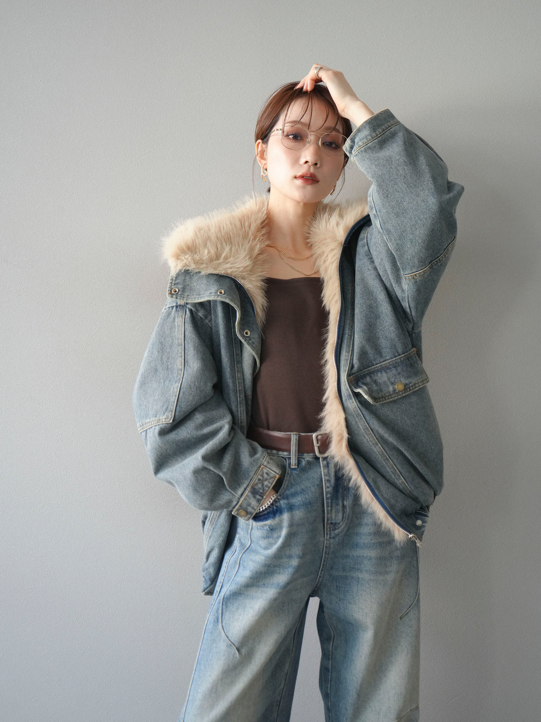 [SET]デニムxファーブルゾン+選べるアクセセット(2set)