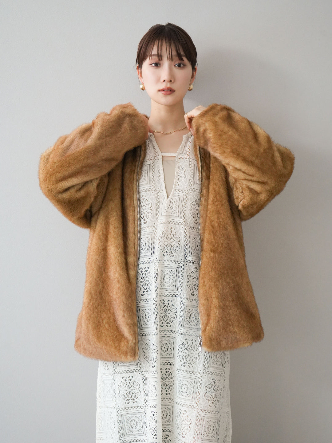 [予約]ファースタンドミドルジップジャケット/ベージュ