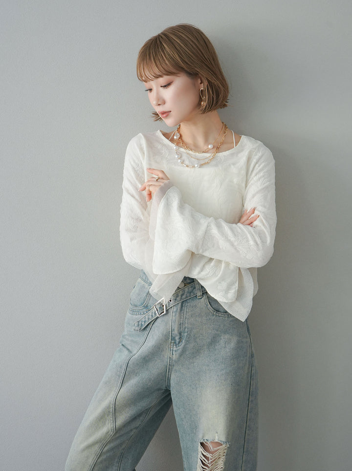 【預購】雙層紗布袖喇叭疊層提花上衣/象牙白