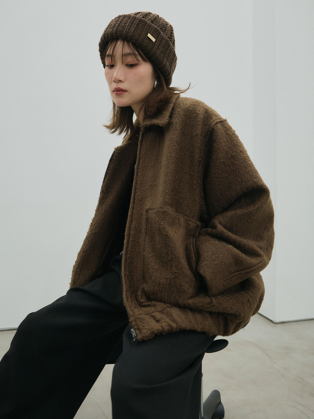 【Allure】[SET]スタンドカラーシャギーフライトジャケット+フロントツイストホールリブニットトップス(2set)