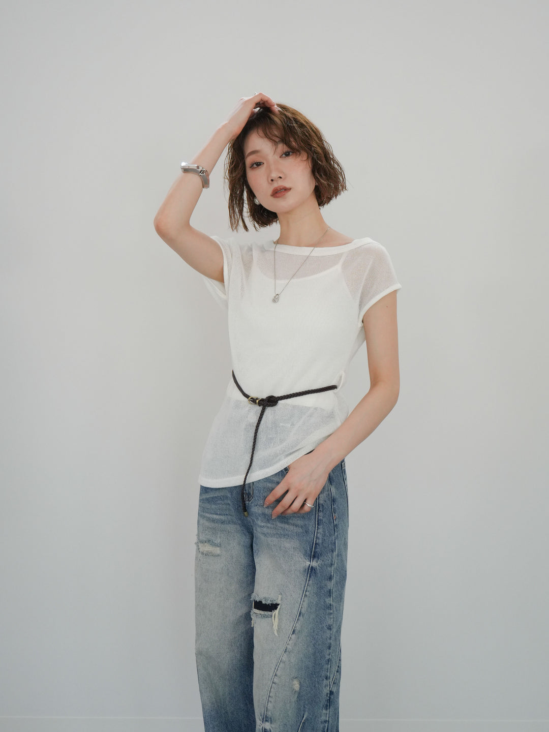 [予約]ベルト付アシメシアーニットトップス/white