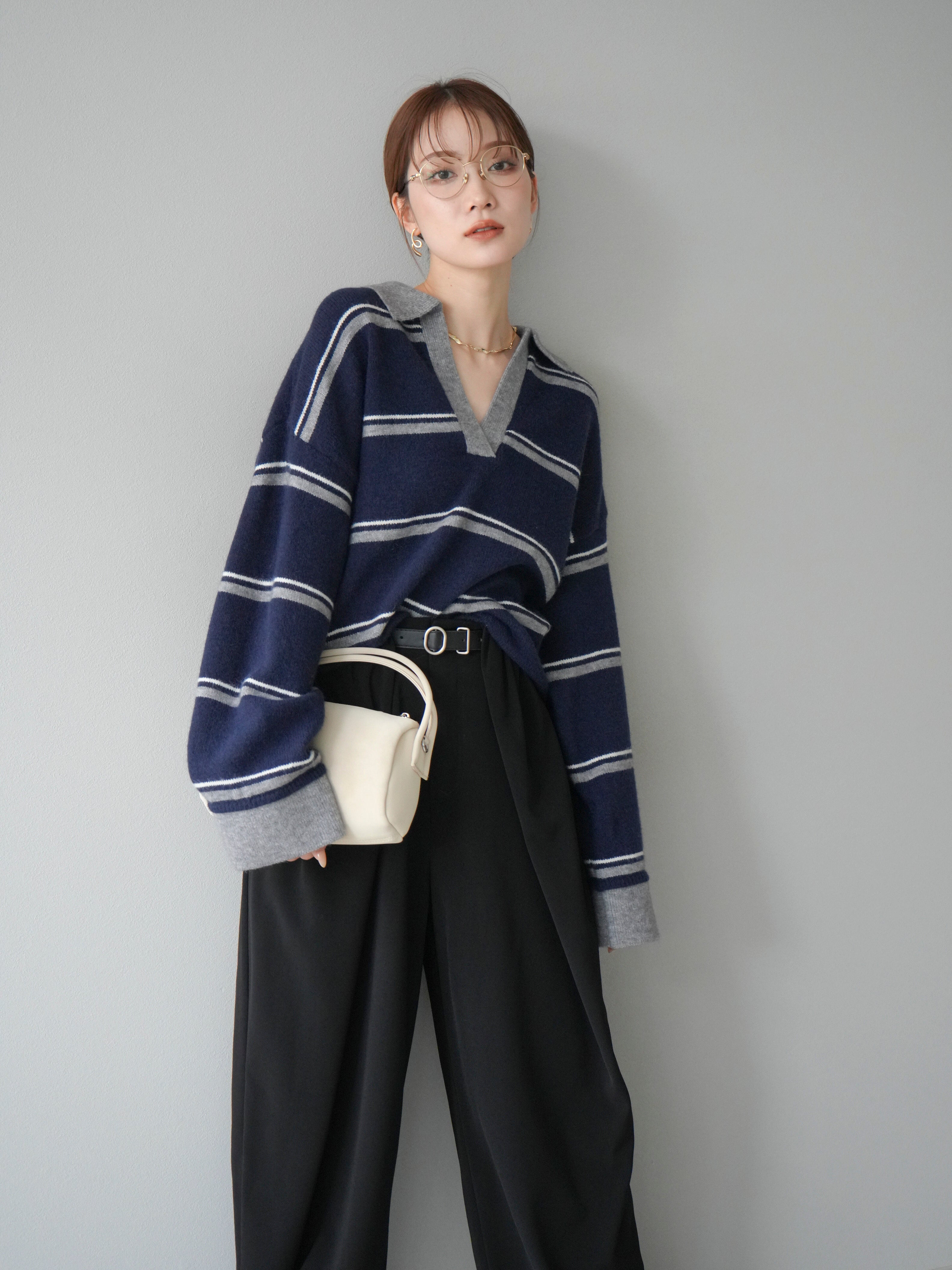 極美品✨22AW セオリー ニットポロプルオーバー スキッパー スリット 38 予約]ポロ襟スキッパーボーダーニットプルオーバー/ネイビー