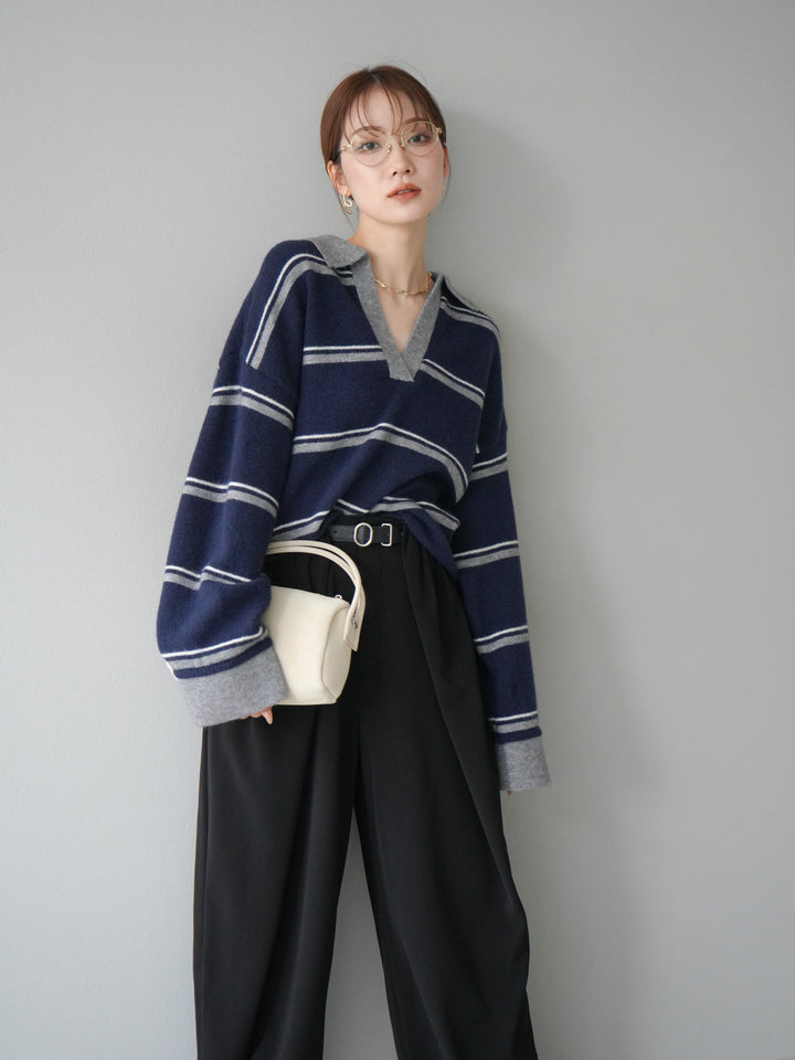 [予約]ポロ襟スキッパーボーダーニットプルオーバー/ネイビー
